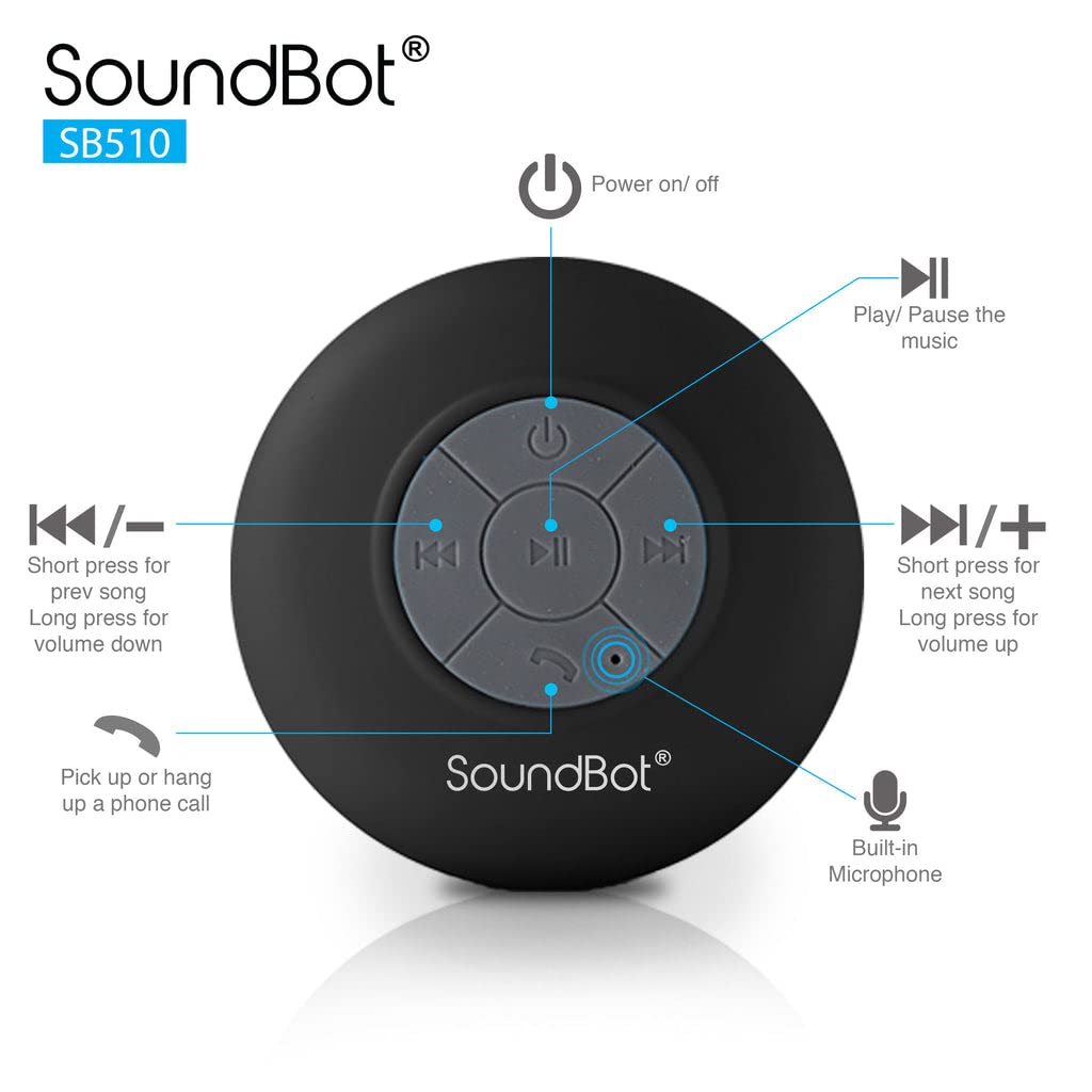 Soundbot SB510 HD Waterproof Bluetooth Shower Wireless Speaker with Speakerphone, Mic, 6-Hour Playtime, Control Buttons & Suction Cup, Powerful Sound Ideal for Bathroom, Travel, or Outdoors (Black)