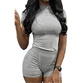 AYWA Two Piece Outfits for Women Fitted Crew Neck T-shirt High Waist Leggings Biker Shorts Matching Sets Streetwear
