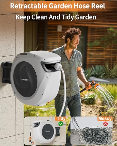 KOSOEUR Retractable Garden Hose Reel, 1/2 in x 65 ft Garden Hose Reel, Automatic Retractable Water Hose Reels Wall Mount with 10 Pattern Nozzle, Slow Rewind System/Any Length Lock/180° Swivel Bracket