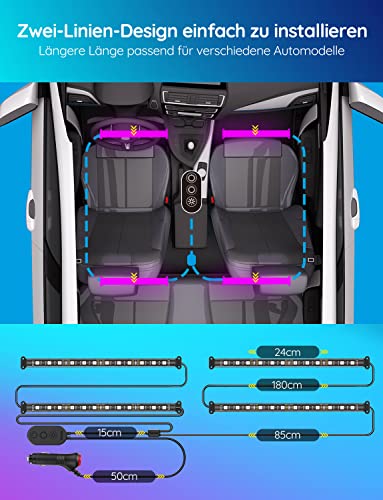 Govee LED Interior Lighting Car, 4 Pieces, 48 Strip, Upgrade Two-Line Design, Waterproof Lighting App Controllable Multicoloured Music with Cigarette Lighter, 12 V | 16M DIY-Farben, 4pcs 48 Strip Zigarettenanzünder mit Speicherfunktion, Wasserdichte, Kurzschlussschutz, SUV & Limousine, 12V