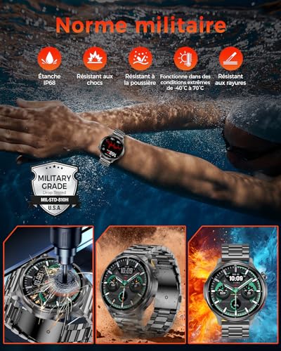 Men's Military Smart Watch - 1000mAh Battery, 1.52'' HD Screen, Smartwatch with 120+ Sports Modes, IP68 Waterproof, Heart Rate, Sleep Monitoring, Android iOS, Black