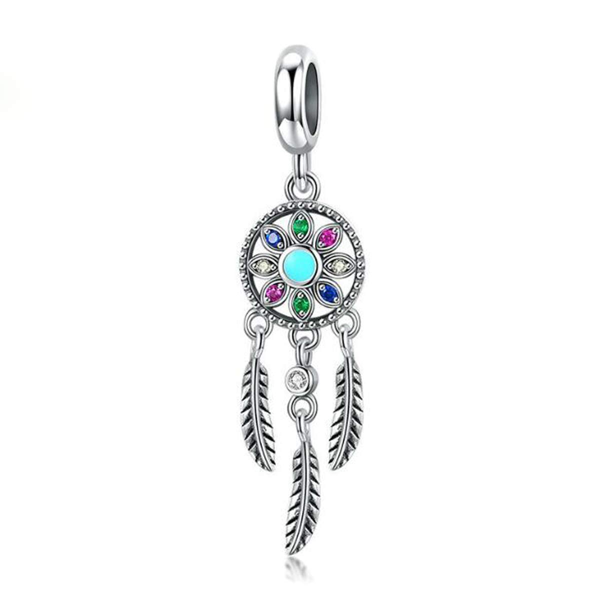 ZiNuo Dream Catcher Charms for Bracelet 925 Sterling Silver Charms Colorful Crystal Flowers Dangle Beads Feather Charms for European Charm Bracelet (Dreamcatcher-Color Crystal)