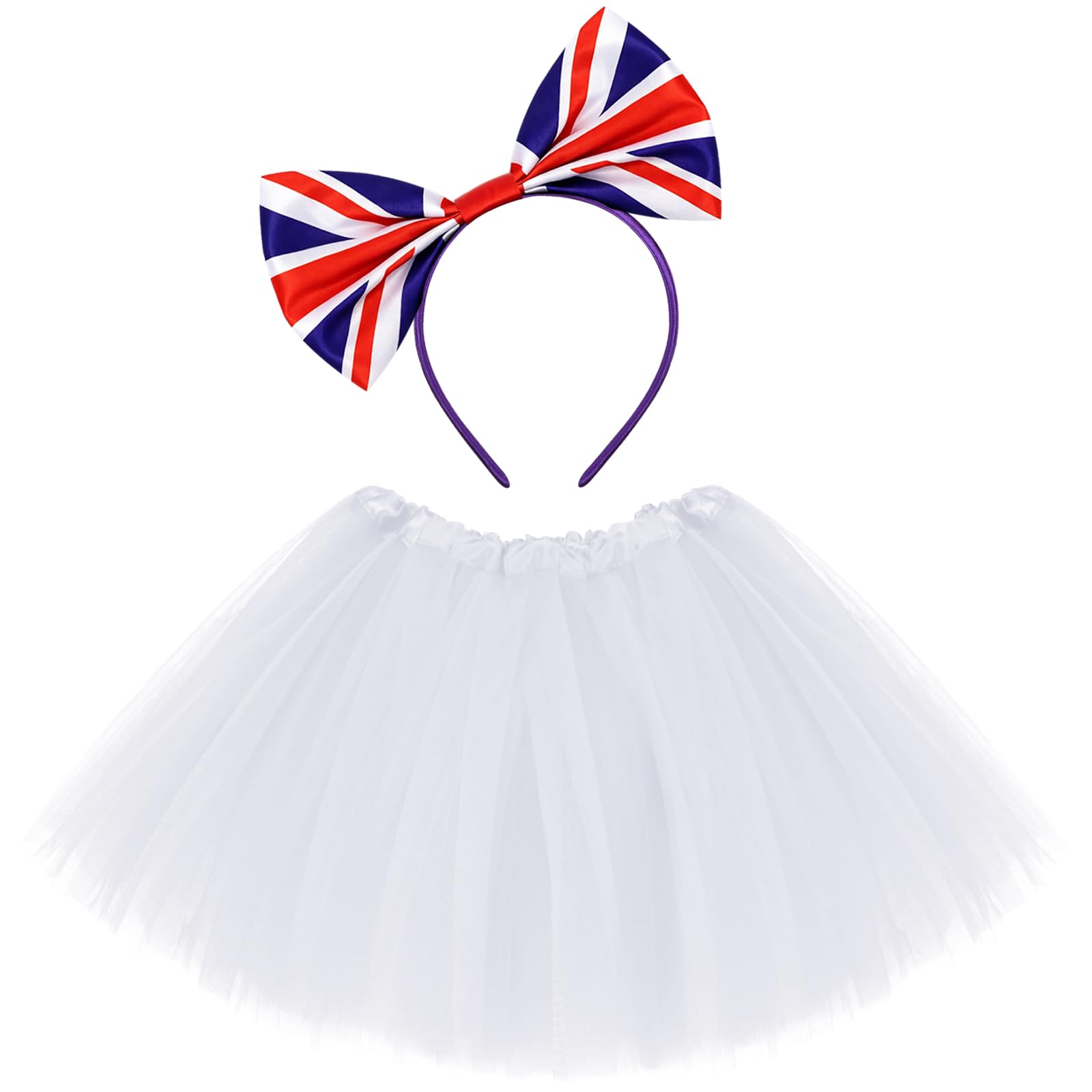 KMLGY 2Pcs Union Jack Costume Set with Union Headband Tutu Skirt for 3-10y Kids British National Day Royal Event Indoor or Outdoor Street Party (White) — image 1