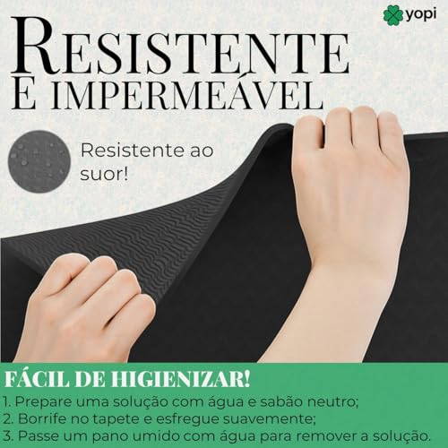 Tapete de Yoga, Preto, TPE Ecológico, 183 x 61 x 0,6 cm, Texturizado, Impermeável, Resistente ao Suor, com Alça de Transporte, Grande, 6mm de espessura, Ioga, Pilates, Yopi