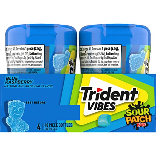 TRIDENT VIBES SOUR PATCH KIDS BLUE RASPBERRY SUGAR-FREE CHEWING GUM, 4 BOTTLES OF 40 PIECES (160 TOTAL PIECES)