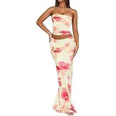 Goafuliy 2 Piece Skirt Sets for Women Summer, Floral Sleeveless Tube Top Bodycon Maxi Skirts Y2k Vacation Going Out Outfits