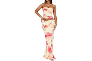 Goafuliy 2 Piece Skirt Sets for Women Summer, Floral Sleeveless Tube Top Bodycon Maxi Skirts Y2k Vacation Going Out Outfits