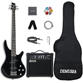 Demusea Electric Bass Guitar Kit With 20W Bass Amp 24Fret Black Color Full Size Practice Beginner Starter 34Inch Scale Length Bag Strap Noiseless Cable Strings Picks Free In Pack (PJBK)