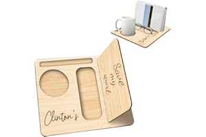 Custom Wooden Book Stand with Coffee Cup Mug Holder Personalized Birth Flower Book Rest,Book Nook Reading Valet Stand for Bed