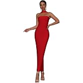 Women 2025 Bandage Long Dress Halter Back Bodycon Solid Elastic Celebrity Evening One Piece Birthday Gowns