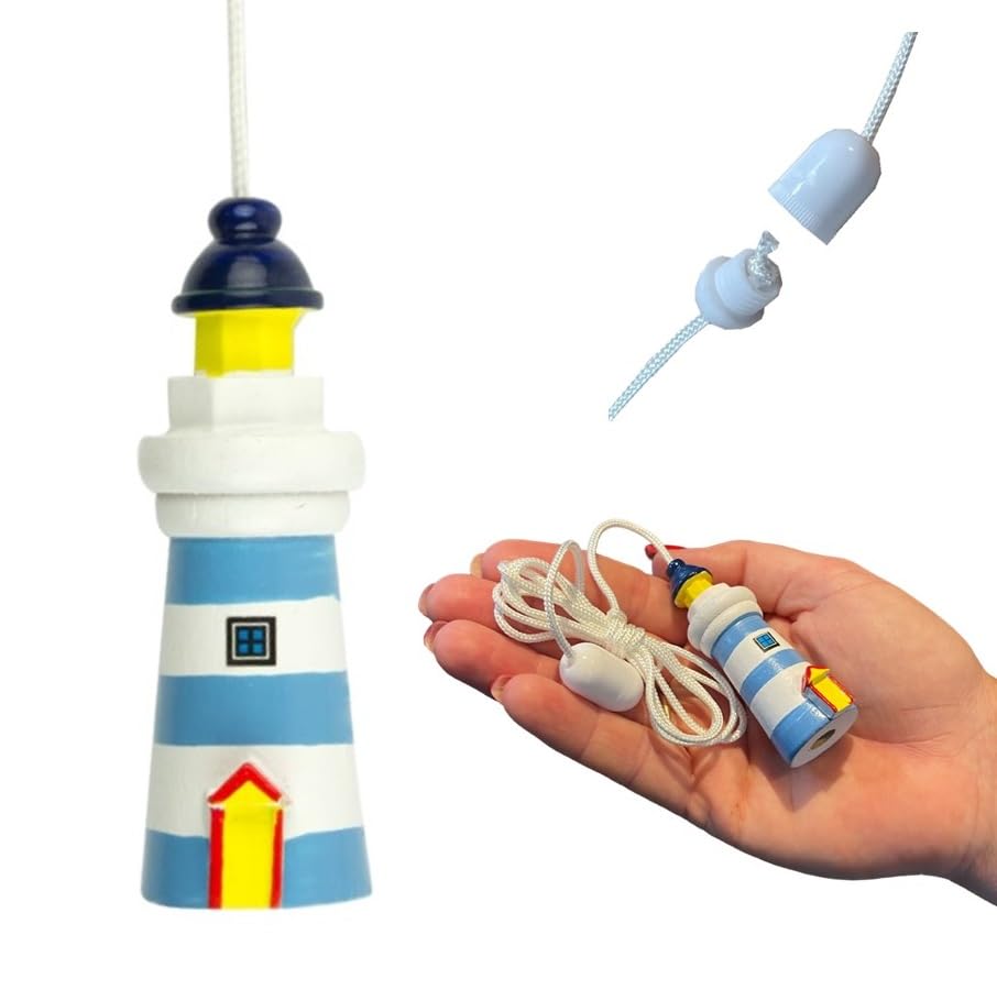 Lowgy Nautical Wooden Lighthouse Light Pull with Cord & Connector (Light Blue & White)