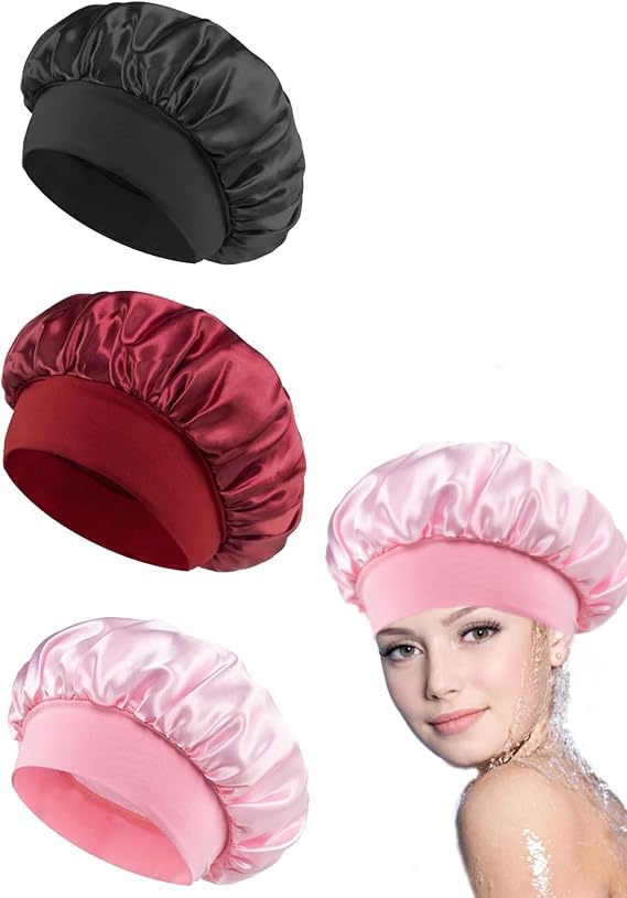LIANRISES 3pcs Silk Satin Hair Cap - Sleep Caps for Women - Bonnet for Curly Hair - Pink, Black, Wine, Red