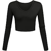 Kindcall V Neck Crop Tops Long Sleeve Shirts Slim Fit Base Layer for Women