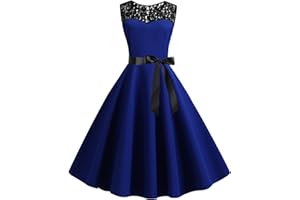 LAWOR Ladies Sleeveless Cocktail Dress Lace Patchwork Bodice Dress Retro Rockabilly Dress with Belt Solid Formal Ball Gowns