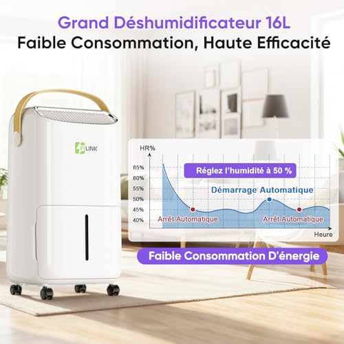 16L/Day Air Dehumidifier, Electric Dehumidifier, 24H Timer, Child Lock, Anti-Overflow Protection, 110m³ (45 m²), for Home, Apartment, Bathroom, Cellar