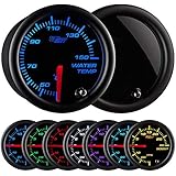 GlowShift Tinted 7 Color 150 Celsius Water Coolant Temperature Gauge Kit - Includes Electronic Sensor - Black Dial - Smoked Lens - for Car & Truck - 2-1/16