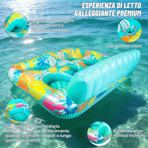 FORMIZON Inflatable Sea Mattress, 2 Seater Pool Mat, Tanning Pool Large Inflatable Tan with Ice Bar Thermal Bag Drink Holder and Cushion for Water Party