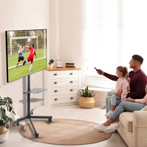 32'' a 65'' Suporte para TV/Monitor com Rodas, Carrinho de TV Móvel Ajustável de Altura Livre, Suporte Pedestal para TV Tela Grande