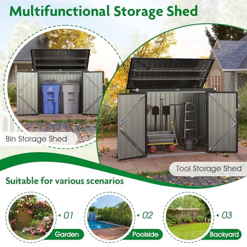Goplus Outdoor Trash Can Storage Shed, Large Lockable Garden Shed w/Double Openings, 2 Doors, Galvanized Steel Frame, Storage Organizer for Backyard Garden Patio Lawn, 172 x 95,5 x 130 cm (L x W x H)