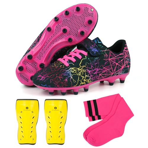 brooman Kids Firm Ground Soccer Cleats Girls Football Cleats with Shin Guards and Soccer Socks