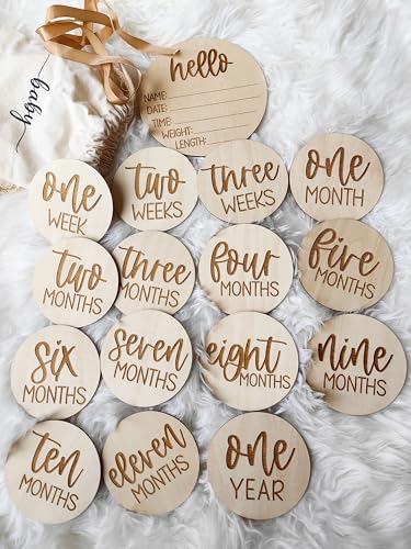 Wooden Milestone Cards and Discs 16pc Set for Baby Photos and First Year Milestones - New Parents and Baby Showers with 