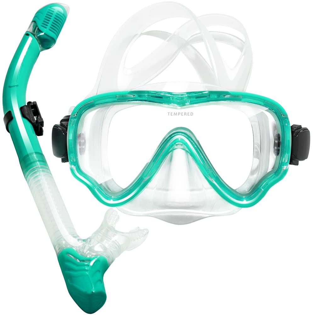 HINATAA Snorkel Set Adults/Kids, Panoramic 180° Wide View Scuba Mask, Anti-Fog Anti-Leak Tempered Glass Safety Scuba Diving Mask, Free Breathing Easy Dry Top Snorkel, Adjustable Strap (Green/Adult)