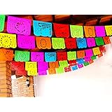 5 Pk Mexican Fiesta Decorations, Papel Picado Banner 60 ft total, Papel Picado tissue PAPER garland, Mexican theme party supplies for Weddings, Birthdays, Taco Mexican Paper Flags Paper Picado WS100