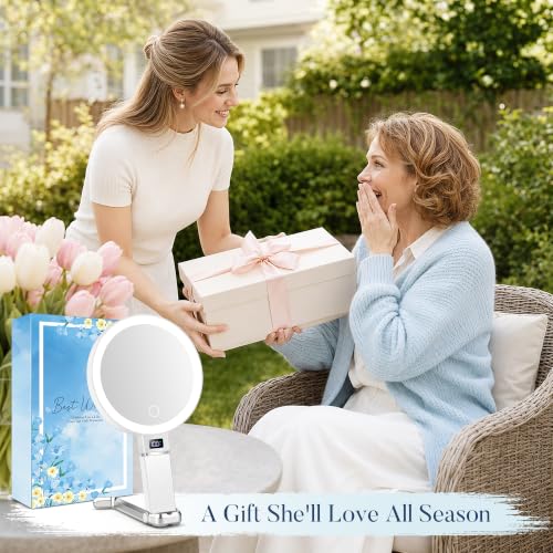 MIYADIVA Illuminated Magnifying Mirror, 1X/30X, Double-Sided Makeup Mirror with Adjustable Stand, Digital Power Display and 3 Dimmable Light Shades, White