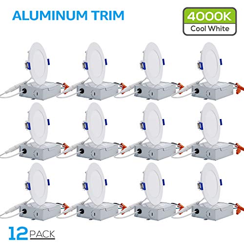 TORCHSTAR Basic Series 12-Pack 4 Inch Ultra-Thin LED Recessed Lighting with Junction Box, CRI90, Aluminum, 4000K Cool White, 5%-100% Dimmable Slim Recessed Downlight, 9W 810LM, ETL and Energy Star