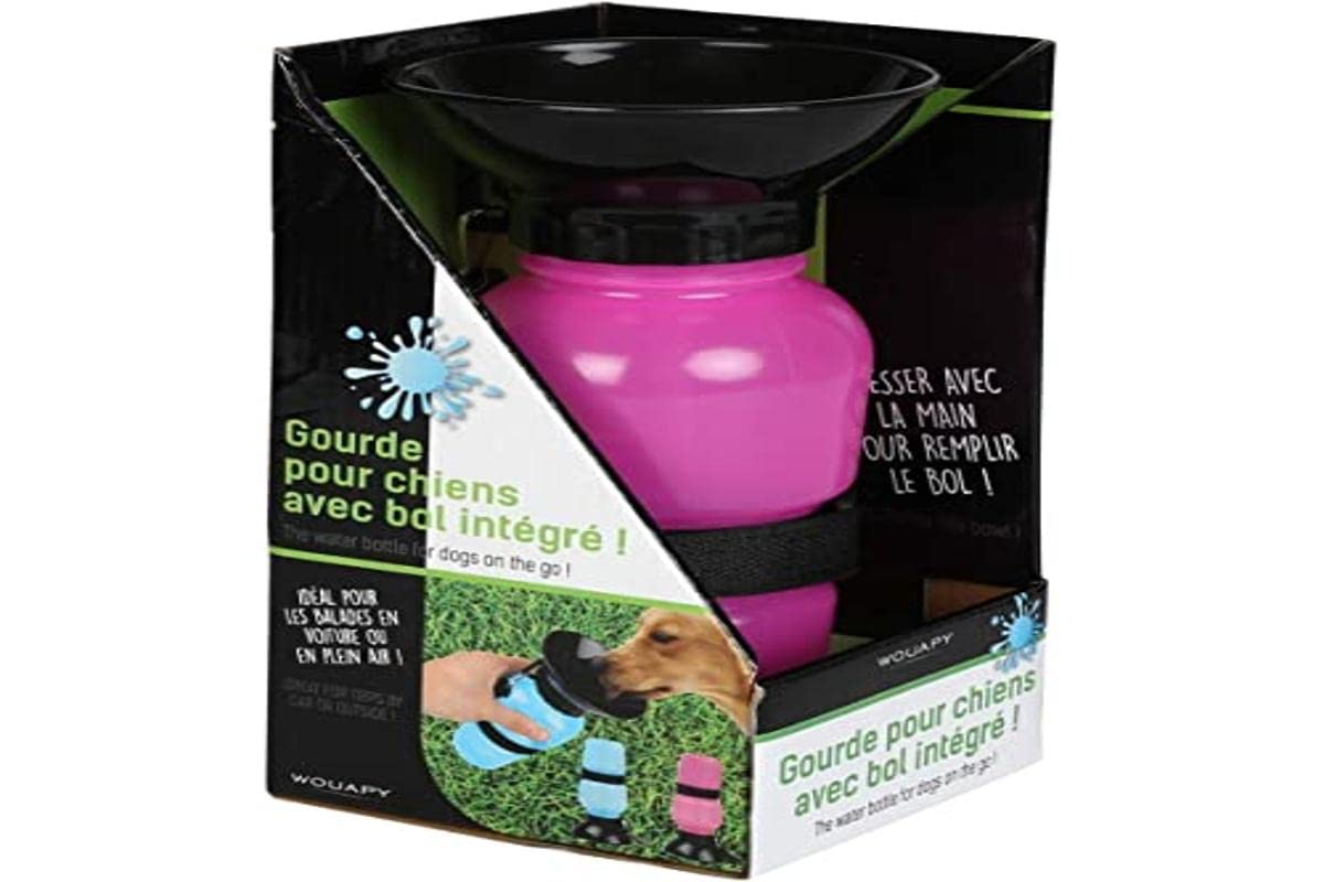 Wouapy Portable Dog Fountain Drinker (500ml, Pink) Water Bottle with Bowl for Large Dogs, Plastic Puppy Pet Accessories