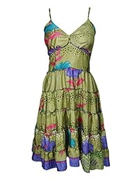 Womens Vintage Silk Sundress Recycled Printed Spaghetti Strap Festival Dresses S/M