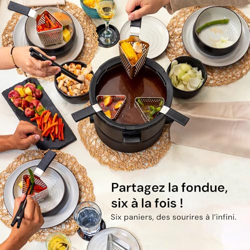 Fondussimo Evolution 3-in-1 Electric Fondue Set with Stainless Steel Fondue Pot 3 L + Ceramic Bowl Bain-Marie – 6 Baskets & 6 Tongs – Adjustable Temperature – 4 to 6 People