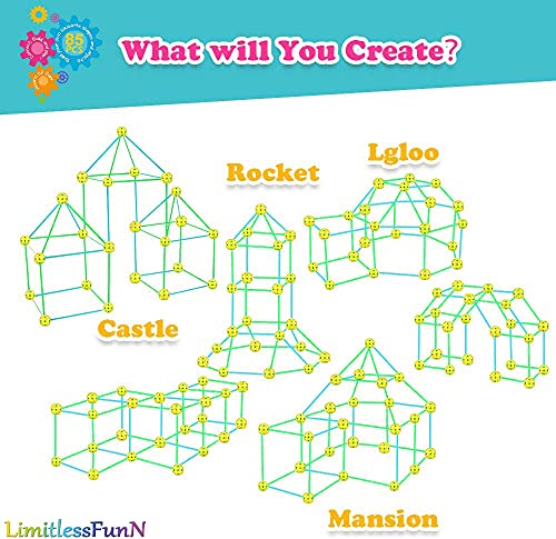 LimitlessFunN Kids Fort Building Kit - STEM Creative Fort Builder for 5,6,7,8 Years Old Boy & Girls - DIY Learning Crazy Building Toys -Castles Tunnels Rocket Play Tent, Indoor & Outdoor (90 Pieces)