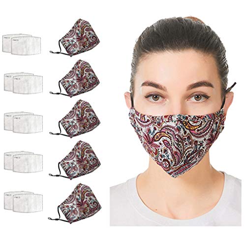 Shohotop 5PC Reusable_Face_Masks+10 Filters Reusable and Breathable, Face Bandanas Full Protection, Indoors and Outdoors, Anti-Haze Dust, for Adults