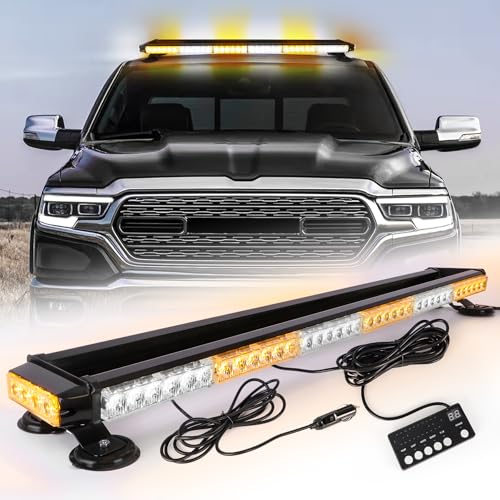 ROUTEKING 95 cm 80 LED Flashing Strobe Light Bar – 12 V/24 V Magnetic LED Beacon for Vehicle Car, Beacon with Magnetic Base (Amber/White/Amber)