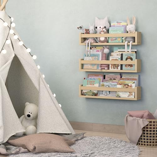 NATURE SUPPLIES Set of 3, Floating Book Shelves for Nursery in Natural Wood, 23.1" Floating Book Shelves, Wall Book Shelf for Nursery Decor