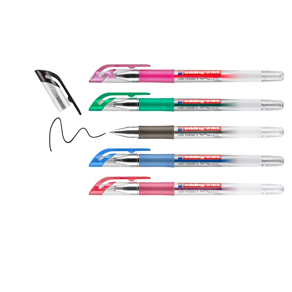 edding 2185 gel roller - black, red, blue, green, pink - set of 5 - 0.7 mm - gel pen for writing, drawing, colouring mandalas, bullet journals - colour gel pen — image 1