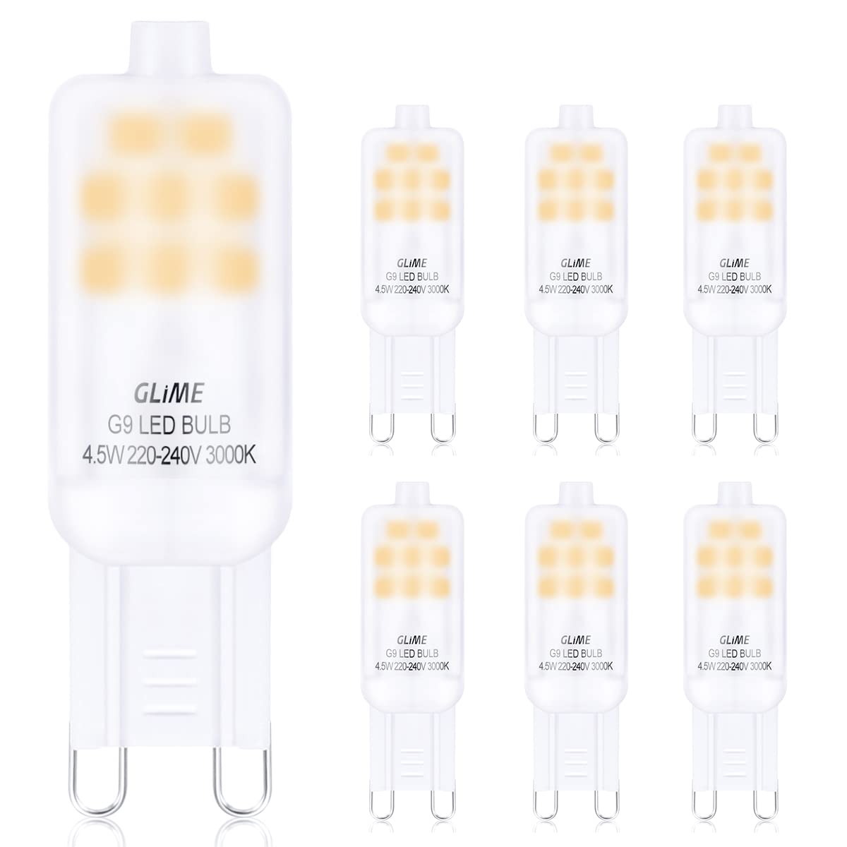 GLIME G9 LED Bulbs 6 Pack 4.5W Equivalent to 40W Halogen Bulbs No Flicker No Strobe 400LM 3000K Warm White 360° Beam Angle Non-dimmable AC 220-240V Energy Saving Light Bulbs