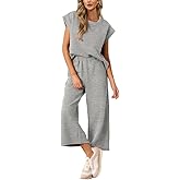 AGSEEM Two Piece Sets for Women Summer Short Sleeve Lounge Sets Cropped Wide Pants Outfits Loungewear Beach Vacation Clothes