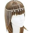 Jovono Boho Head Chain Gold Rhinestone Headpiece Egyptian Tassel Hair Chain Festival Costume Prom Hair Accessories for women and girls (Set B)