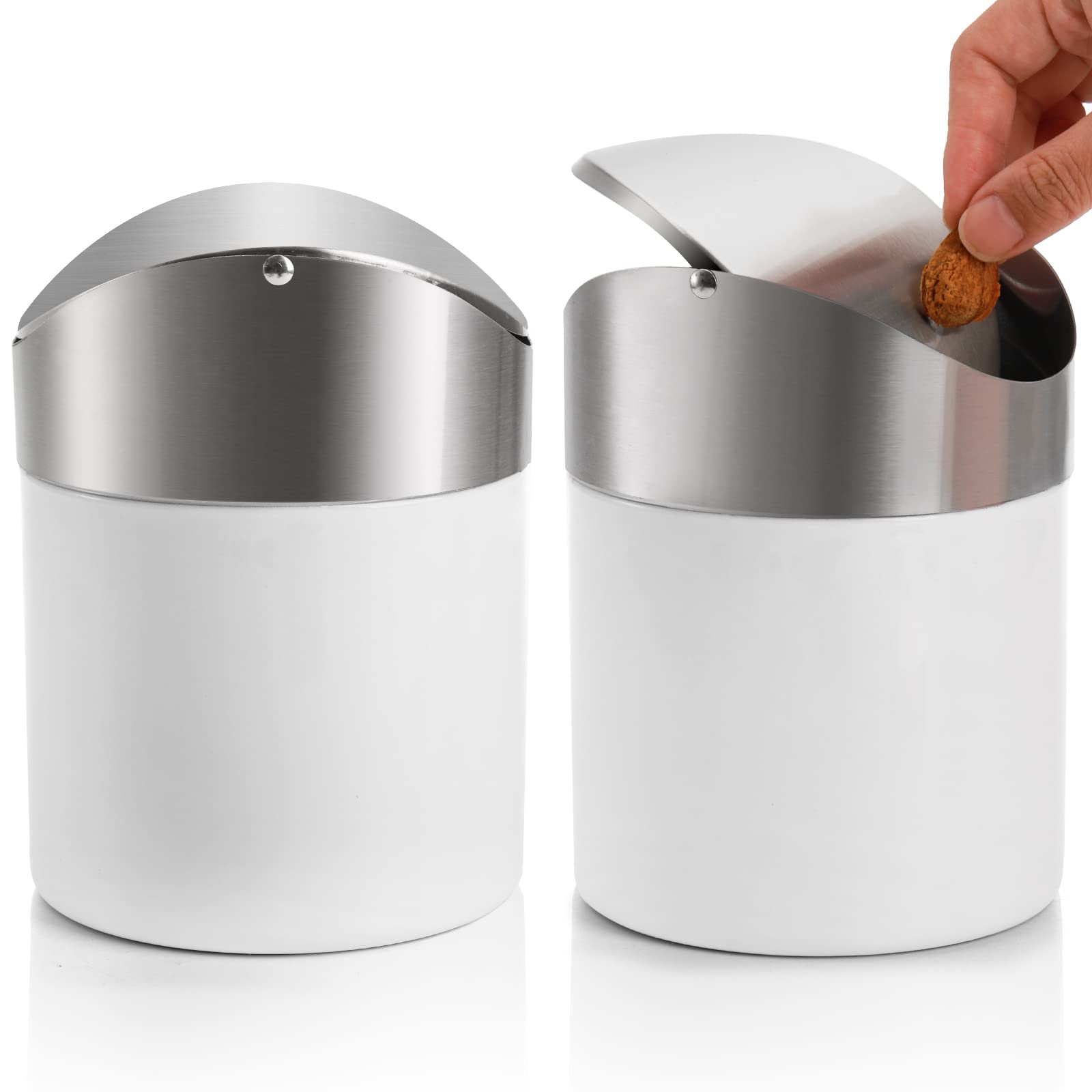 Photo 1 of ZOOFOX 2 Pack Mini Trash Can, White Stainless Steel Garbage Bin with Swing Lid, Small Countertop Trash Can for Home, Office, Kitchen, Vanity Tabletop, Bedroom, Car