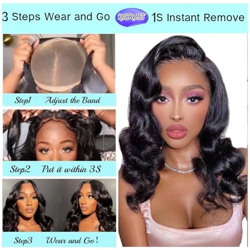 Human Hair Wig Glueless Wear and Go 4x4 Pre Cut Lace Front Body Wave Wig Brazilian Straight Bob Pre Plucked Brazilian Natural Hairline for Women 180% Density 16 inch (40cm)