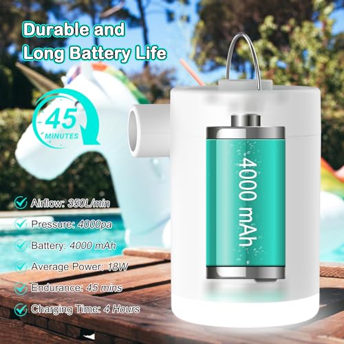 Electric Air Pump, 4000 mAh Electric Pump for Inflatable Mattress with 4 Nozzles, Inflator Inflator, USB Rechargeable Lighting, for Outdoor Camping, Air Mattress