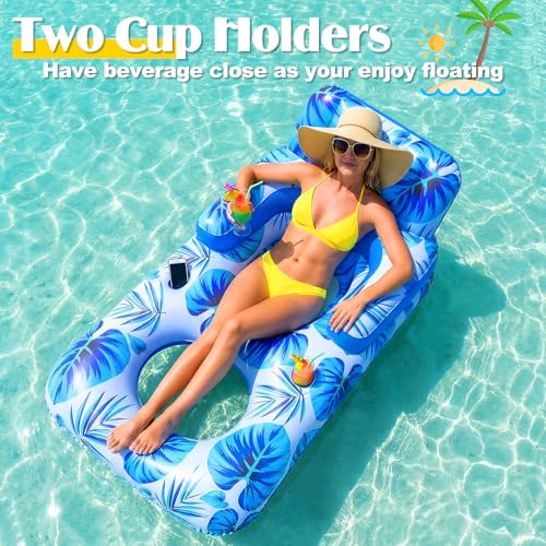 Shinepool Pool Floats Adult, 65" Thicken PVC Inflatable Pool Chair Lounger Rafts with Cup & Phone Holder & Headrest Backrest Footrest, Comfort Pool Floaties for Adults Lake Beach Party Outdoor (1PC)
