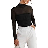 Dressmine Women's Sheer Mesh Top Floral Mock Turtle Neck Sexy Long Sleeve Double Layer Ruched Going Out Tops