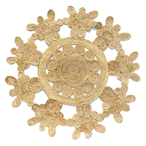 HAMID - Jute Rug Round, Rabat Rug 100% White and Natural, Jute Fibre Hand Woven, Soft Rug and High Strength Rug for Living Room, Dining Room, Bedroom, Hallway Rug - (125 x 125 cm)