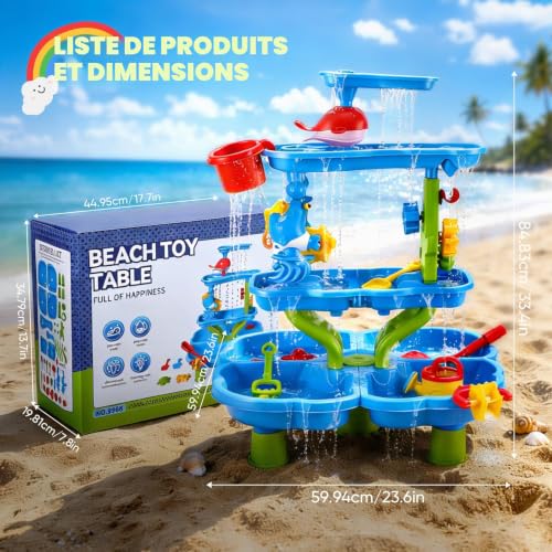 4 Tier Water Table for Children, 4 in 1 Water Games and Outdoor Sand with Accessories (Incl. Sand Mould, Shovel, Watering Can, Activity), Educational Activity Table for Boys and Girls Aged 3+