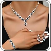 Janiasly Vintage Rhinestone Statement Necklace Bracelet Earrings 3 Pieces Crystal Pendant Choker Necklace Gorgeous Shiny Sapphire Ruby Black Pink Stone Jewelry for Women Bride Bridesmaids