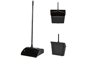 Primero Basics Pivoting Upright Dust Pan with Long Handle and Wheels, Large Capacity, Heavy Duty Commercial Dustpan for Indoor Outdoor, Standing Dust Pan for Home and Restaurant Cleaning, Black
