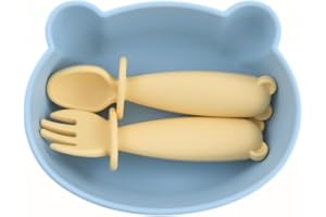teensy peepsy Bear Silicone Baby Bowl Suction Baby Spoon Baby Fork for Babies 6 months+ Suction Bowls for Baby Utensils 6-12M+ BLW Baby Essentials Newborn Essentials Must Haves (Summer Sky)